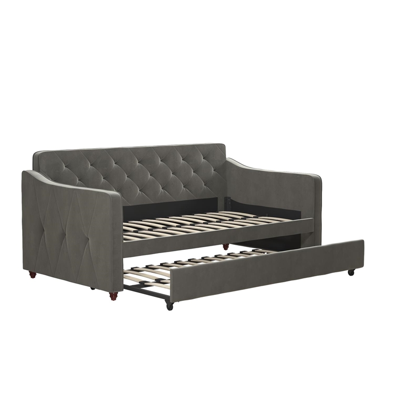 Pemberly Row Vintage Upholstered Twin Daybed and Twin Trundle Set in Grey