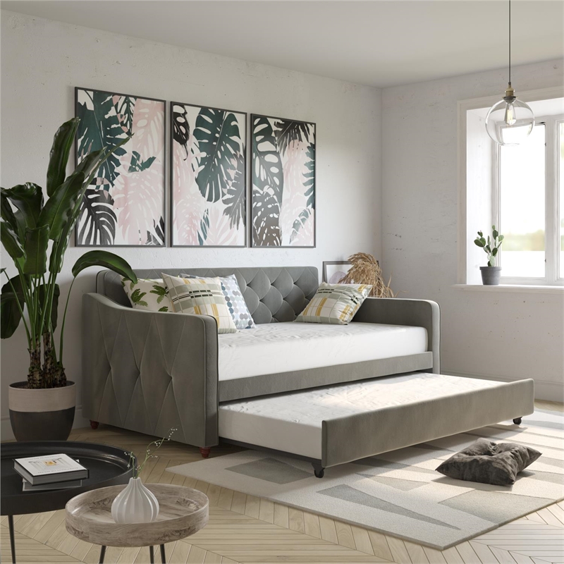 Pemberly Row Vintage Upholstered Twin Daybed and Twin Trundle Set in Grey