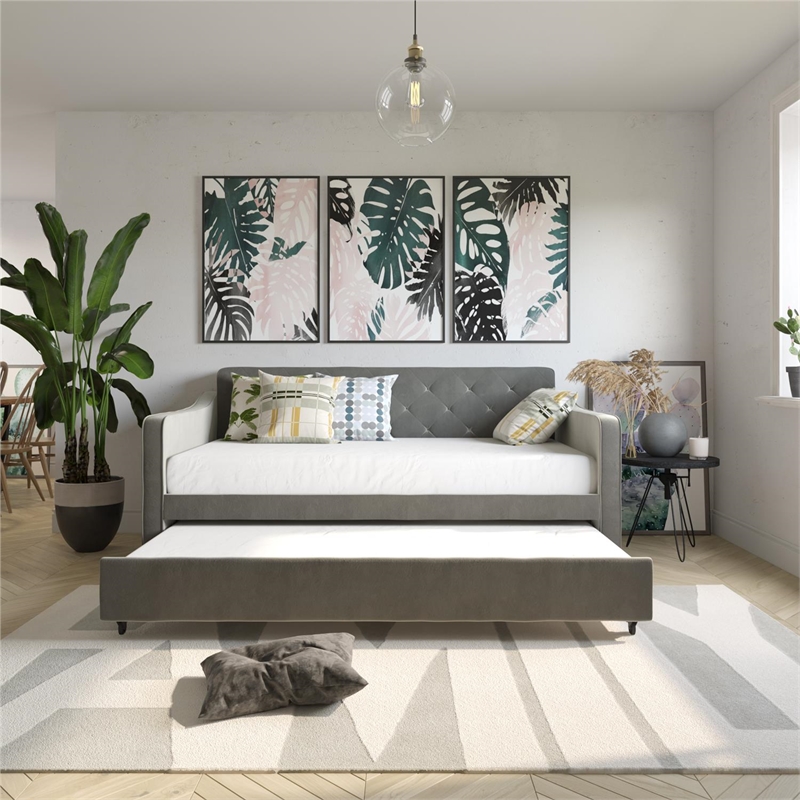 Pemberly Row Vintage Upholstered Twin Daybed and Twin Trundle Set in Grey
