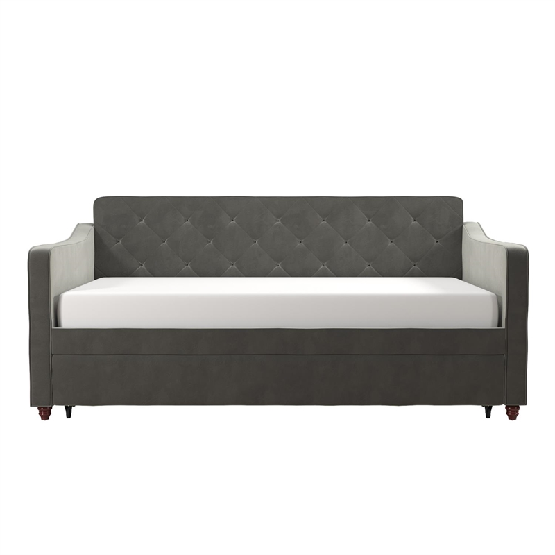 Pemberly Row Vintage Upholstered Twin Daybed and Twin Trundle Set in Grey