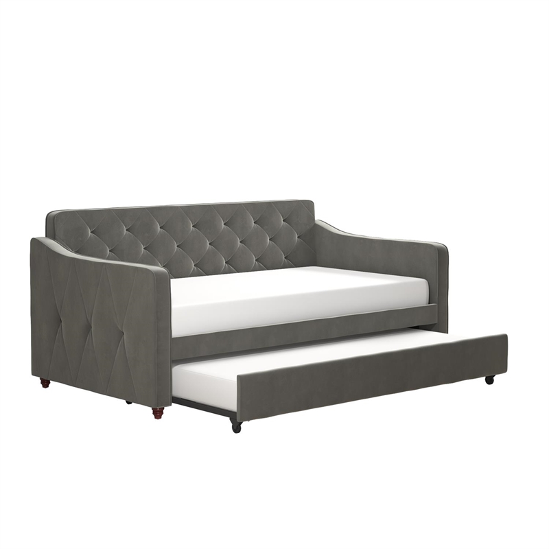 Pemberly Row Vintage Upholstered Twin Daybed and Twin Trundle Set in Grey
