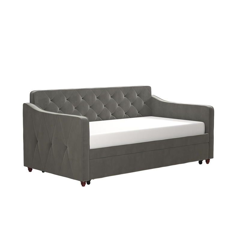 Pemberly Row Vintage Upholstered Twin Daybed and Twin Trundle Set in Grey