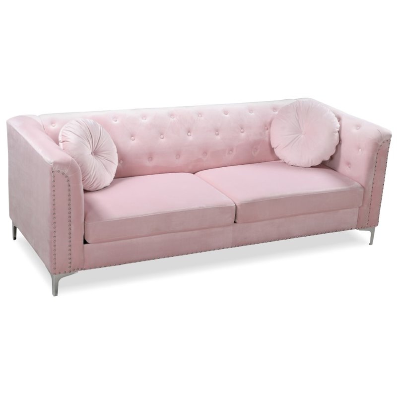Pemberly Row Contemporary Tufted Velvet Sofa in Pink
