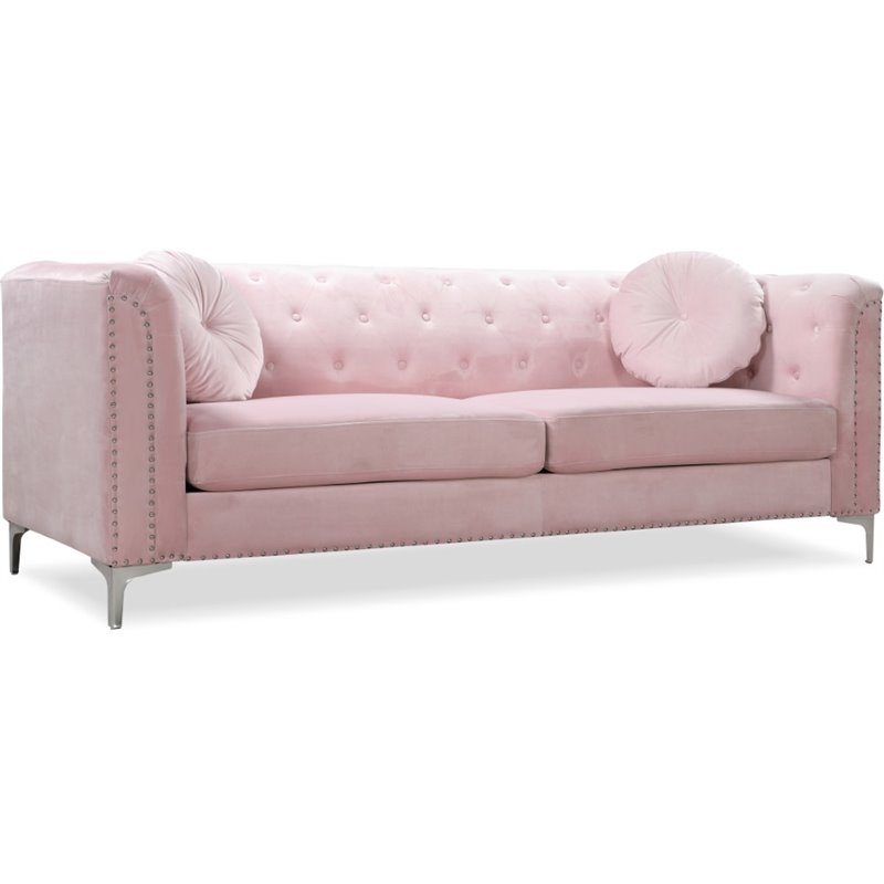 Pemberly Row Contemporary Tufted Velvet Sofa in Pink