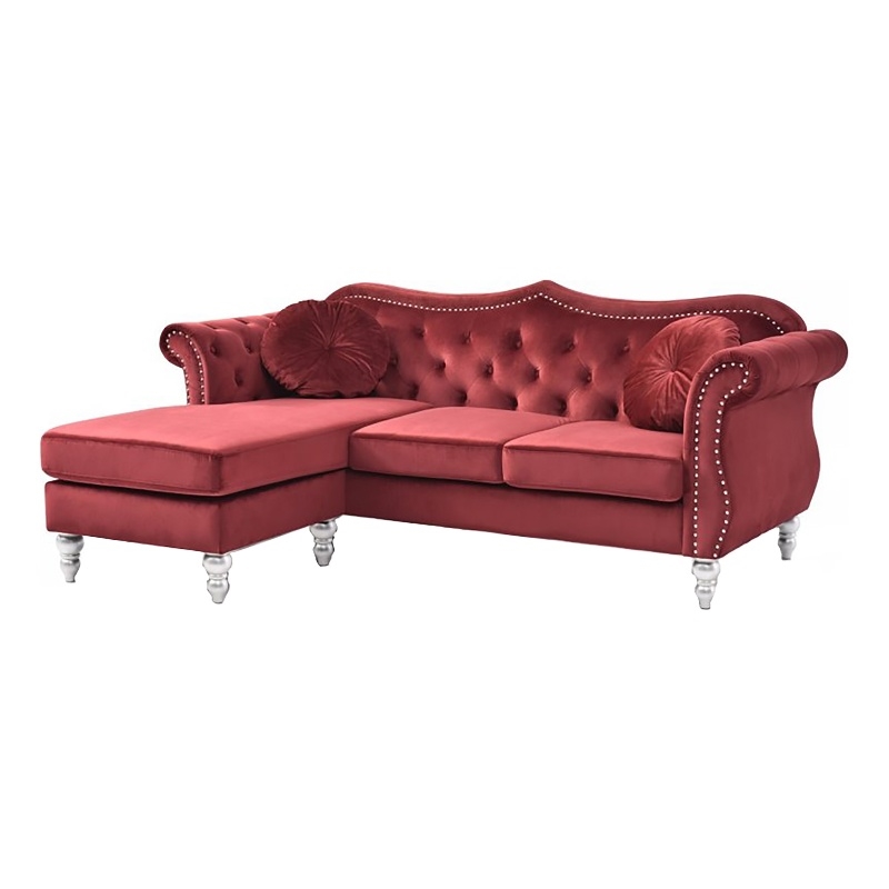Pemberly Row Transitional Tufted Velvet Sofa Chaise in Burgundy Red