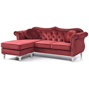 pemberly row transitional tufted velvet sofa chaise in burgundy