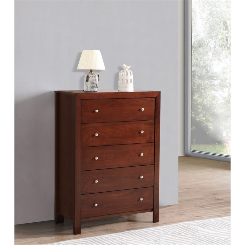 Pemberly Row Transitional 5-Drawer Solid Wood Bedroom Chest in Cherry