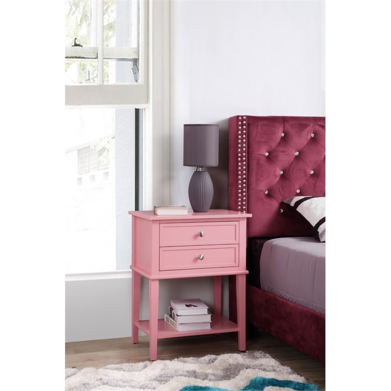 Pemberly Row Contemporary Solid Wood 2 Drawer Nightstand in Pink