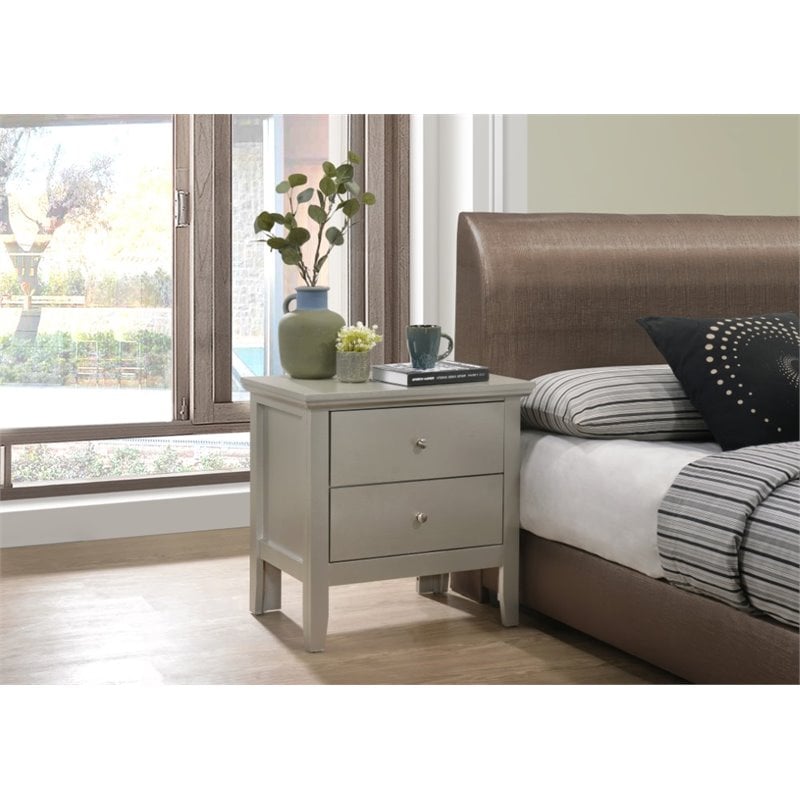 Pemberly Row Transitional Wood 2 Drawer Nightstand in Silver Champagne