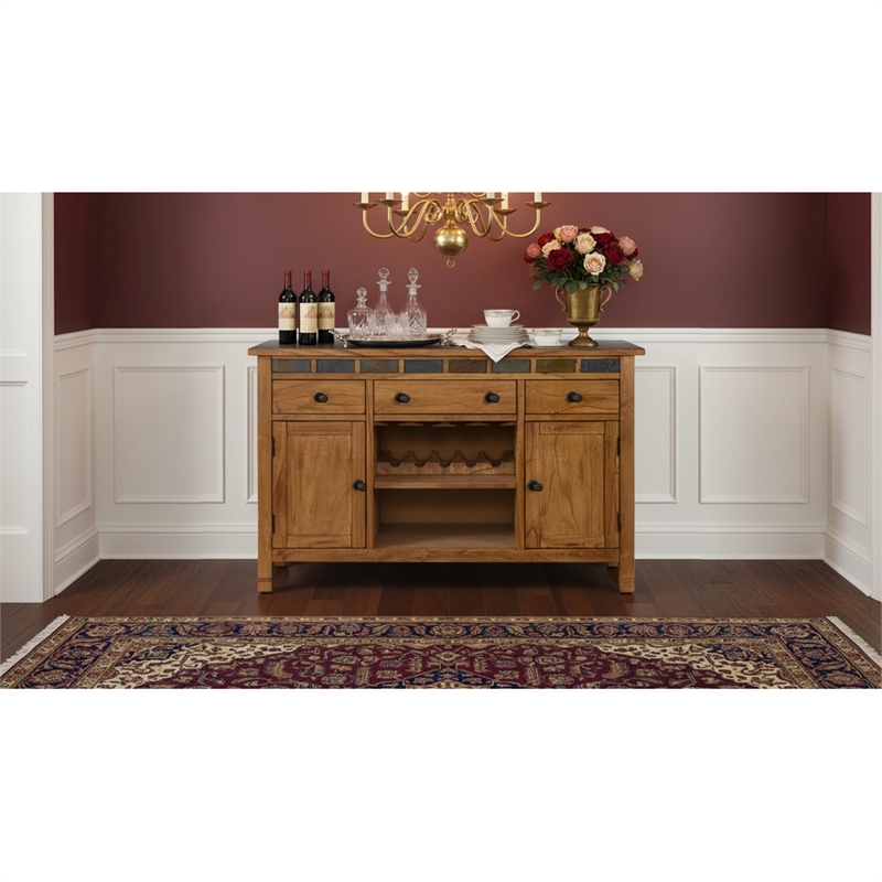 Pemberly Row Adjustable Shelf Farmhouse Wood Buffet in Rustic Oak