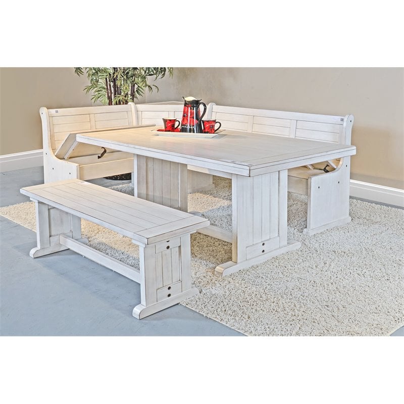 Pemberly Row Farmhouse Wood Breakfast Nook Set in Marble White