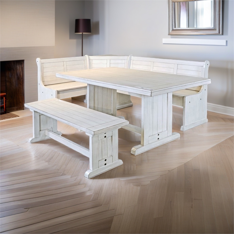Pemberly Row Farmhouse Wood Breakfast Nook Set in Marble White