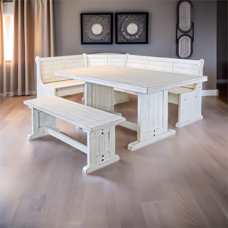 Pemberly Row Farmhouse Wood Breakfast Nook Set in Marble White
