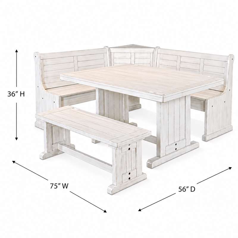 Pemberly Row Farmhouse Wood Breakfast Nook Set in Marble White