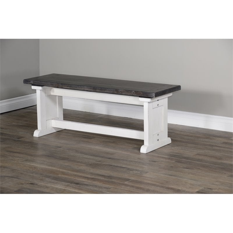 Pemberly Row Farmhouse Wood Side Bench in Off White Dark Brown