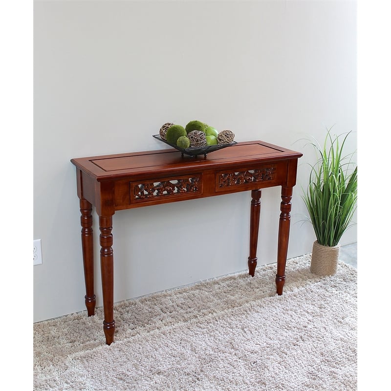Pemberly Row Mid-Century 2 Drawer Console Table in Walnut Stain