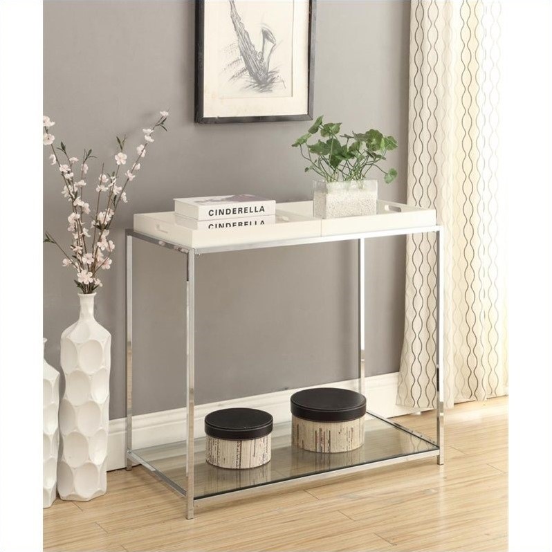 Pemberly Row Modern Clear Glass Console Table in Chrome Metal Finish