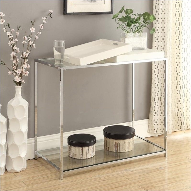 Pemberly Row Modern Clear Glass Console Table in Chrome Metal Finish