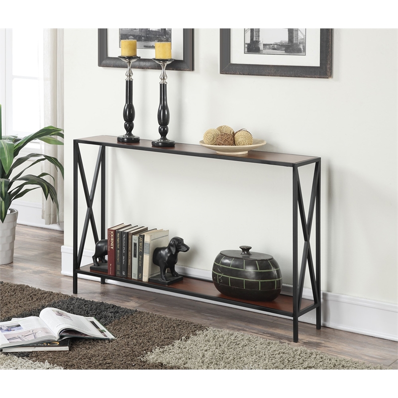 Pemberly Row Industrial Console Table in Black Metal and Cherry Wood Finish