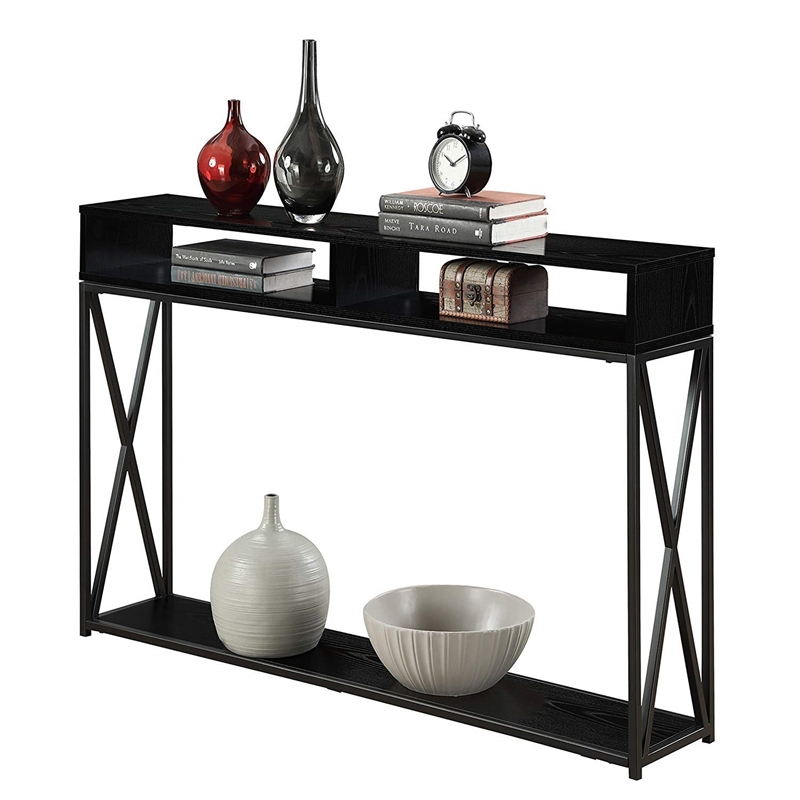 Pemberly Row Transitional Deluxe Two-Tier Console Table in Black Wood Finish