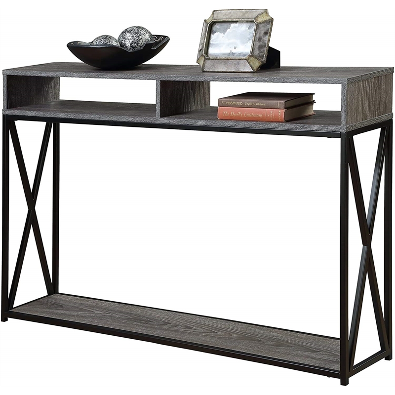 Pemberly Row Transitional Deluxe Two-Tier Console Table in Gray Wood Finish