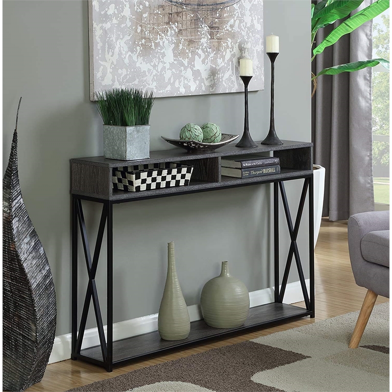 Pemberly Row Transitional Deluxe Two-Tier Console Table in Gray Wood Finish