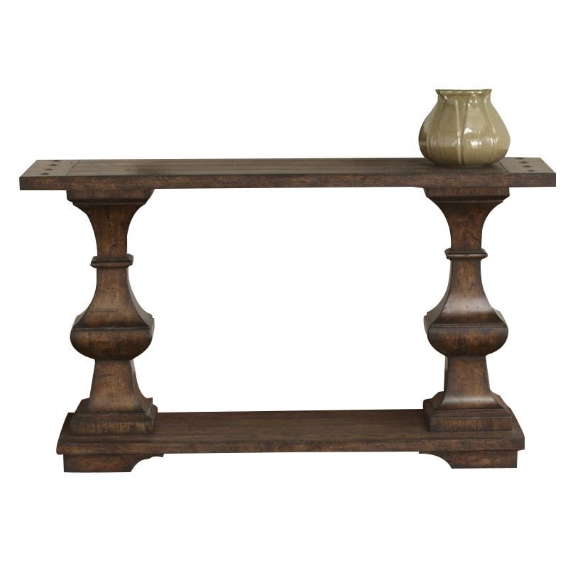 Pemberly Row Contemporary Leather Sofa Table in Mahogany