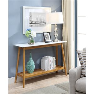 pemberly row mid century console table in white and natural wood finish