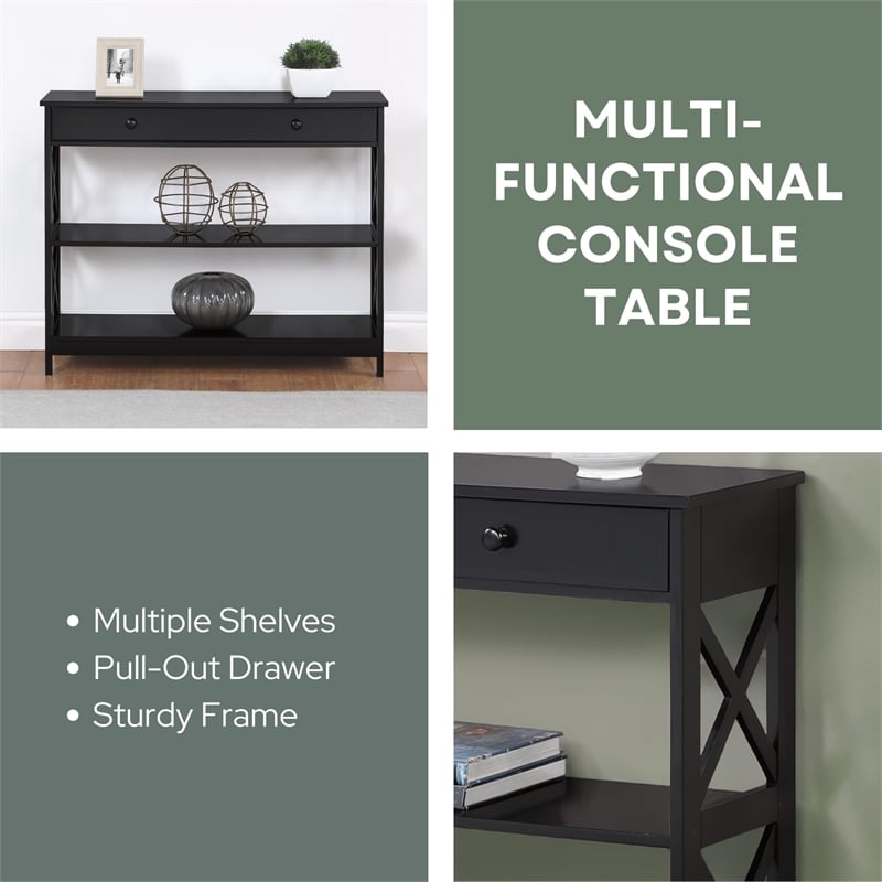Pemberly Row Transitional Console Table with Drawer in Black Wood Finish