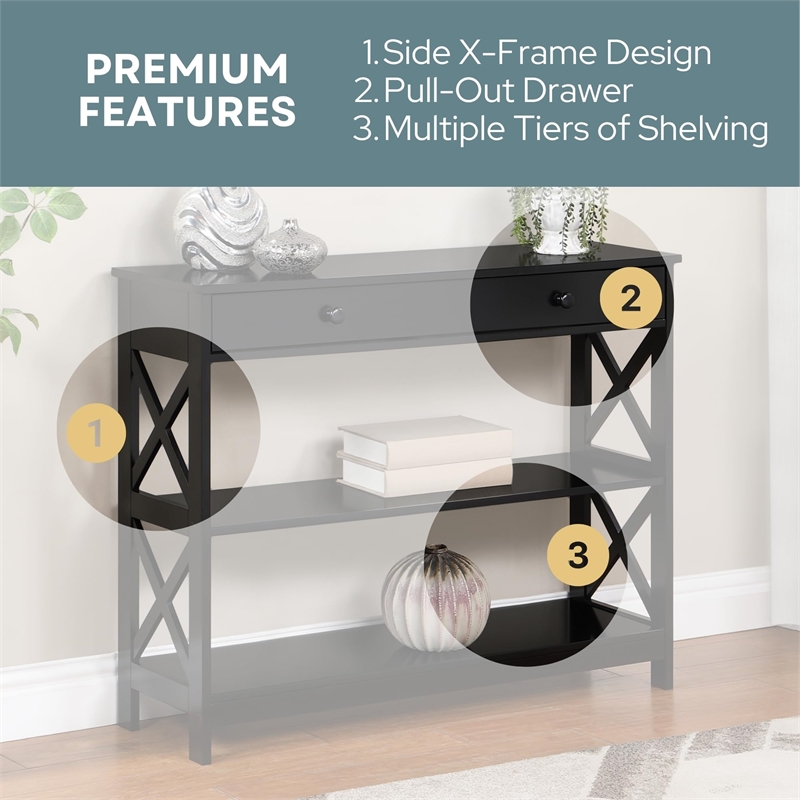Pemberly Row Transitional Console Table with Drawer in Black Wood Finish