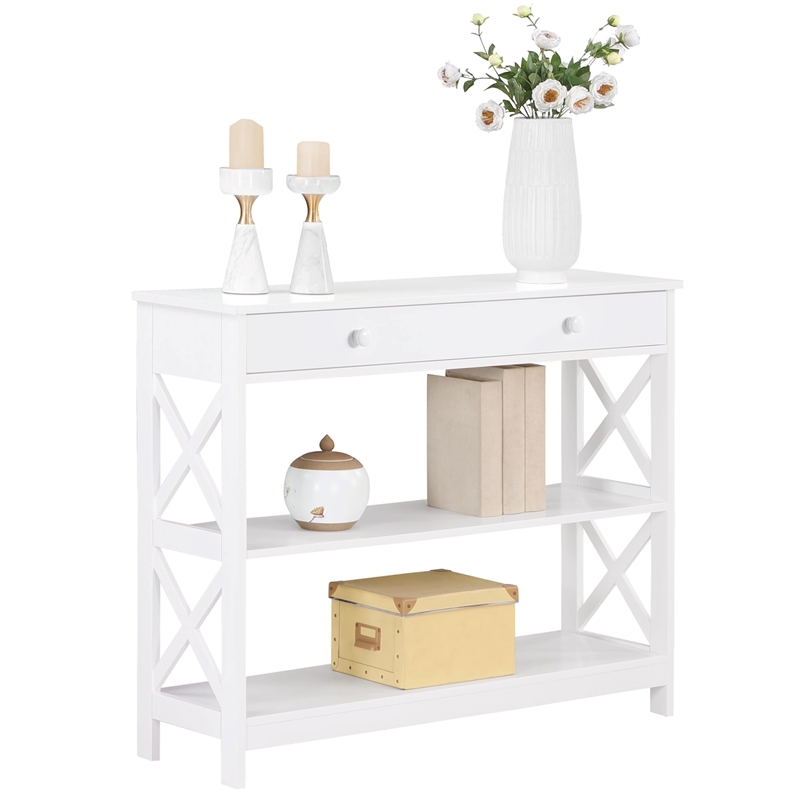 Pemberly Row Transitional Console Table with Drawer in White Wood Finish