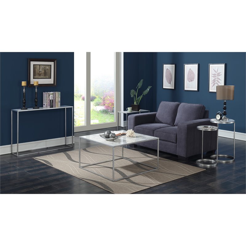 Pemberly Row Modern Faux Marble Console Table in Silver Metal Finish