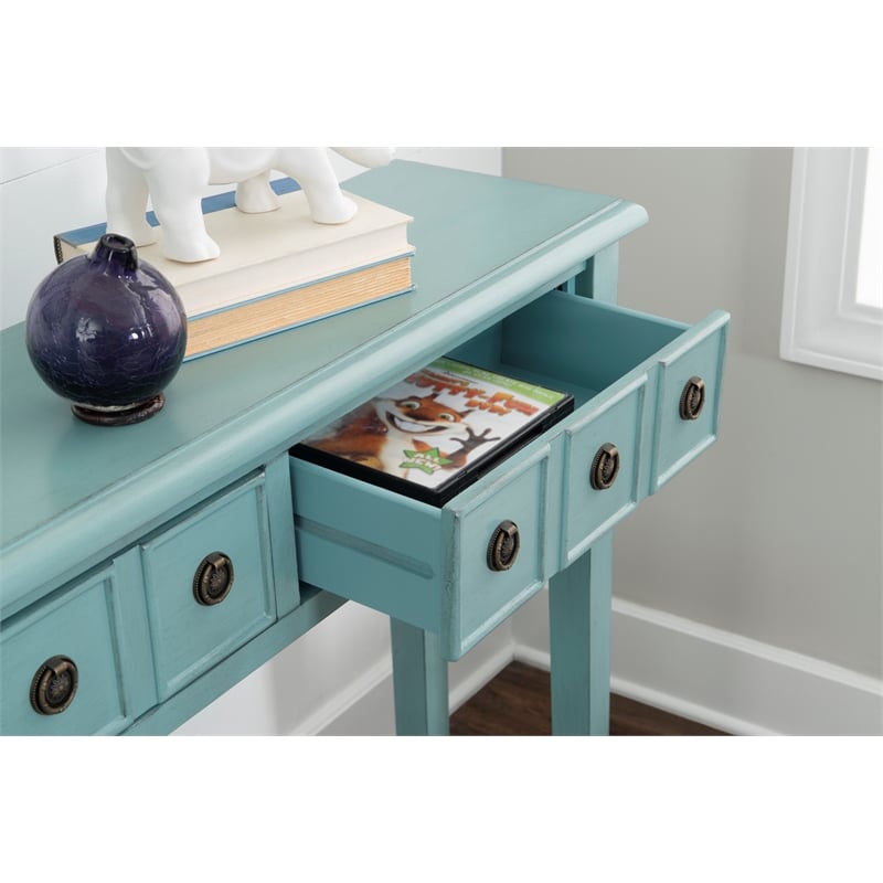 Pemberly Row Transitional Wood Console Table in Teal Blue