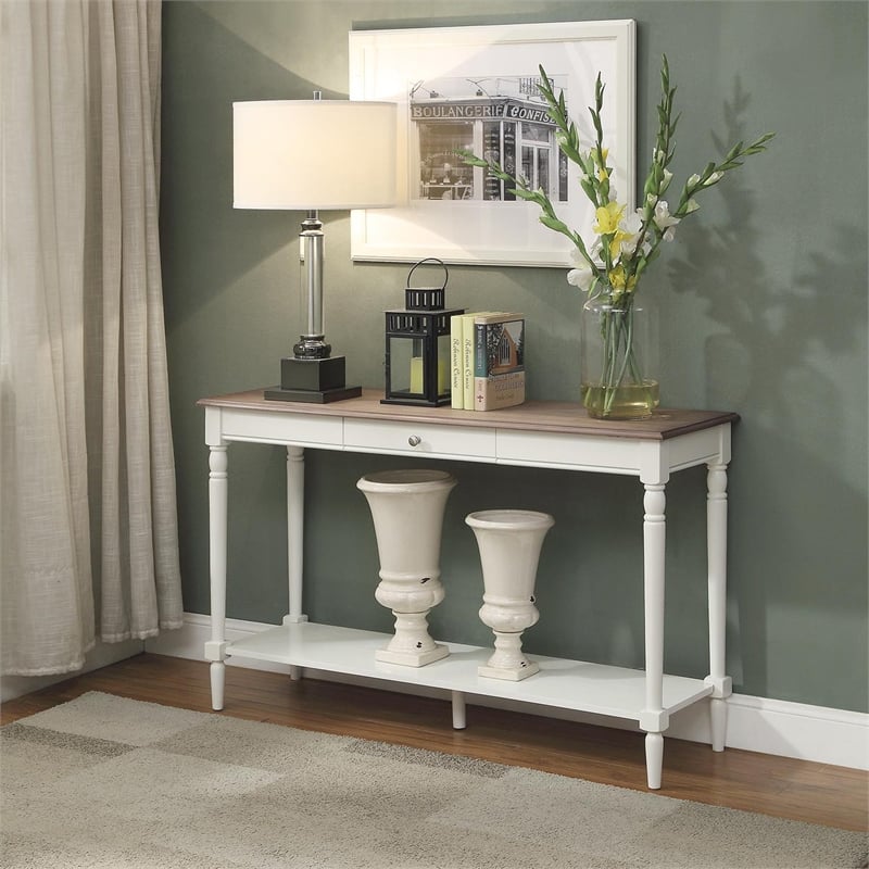 Pemberly Row Traditional Console Table with Drawer in Driftwood and White Wood