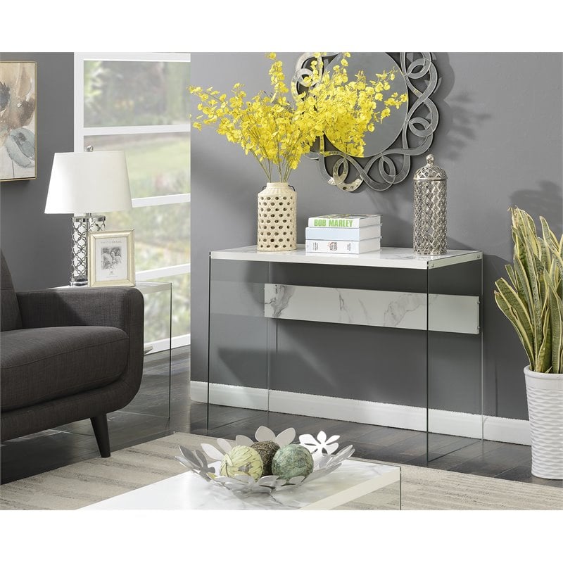 Pemberly Row Contemporary Console Table in Faux White Marble Wood Finish