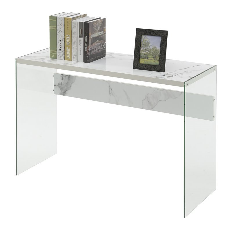 Pemberly Row Contemporary Console Table in Faux White Marble Wood Finish