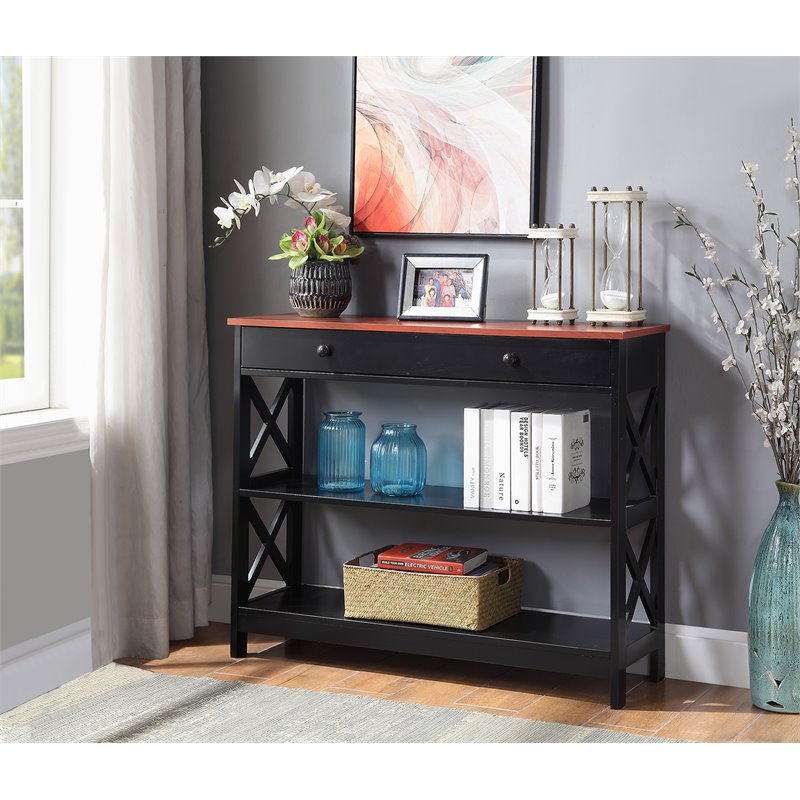 Pemberly Row Transitional One-Drawer Console Table in Cherry and Black Wood