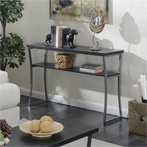 Pemberly Row Farmhouse Console Table in Black Wood Grain and Metal Frame