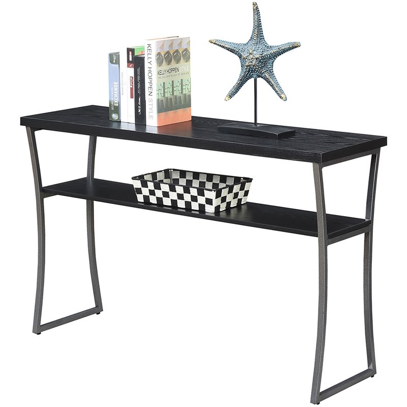 Pemberly Row Farmhouse Console Table in Black Wood Grain and Metal Frame