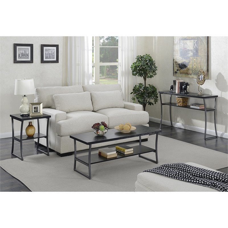 Pemberly Row Farmhouse Console Table in Black Wood Grain and Metal Frame
