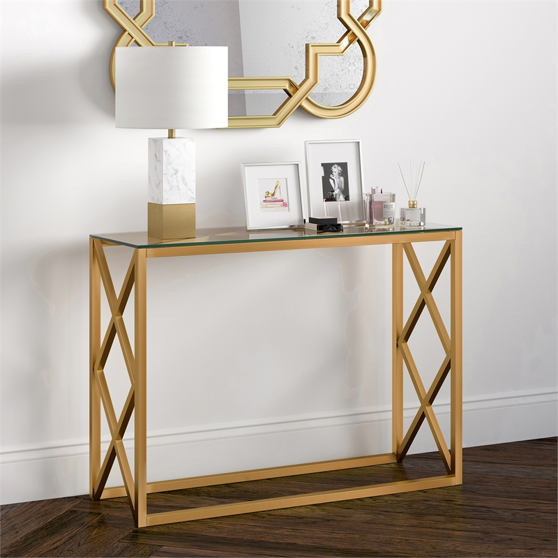 Pemberly Row Traditional Art Deco Metal Brass and Gold Finish Console Table