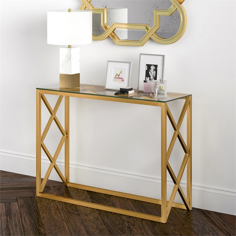 Pemberly Row Traditional Art Deco Metal Brass and Gold Finish Console Table