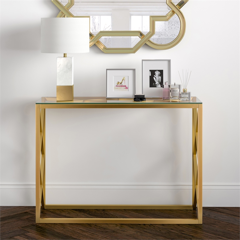 Pemberly Row Traditional Art Deco Metal Brass and Gold Finish Console Table