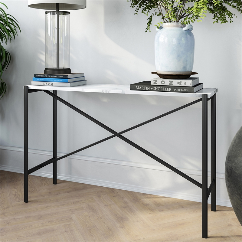 Pemberly Row Traditional Faux Marble Top Console Table in Black Matte
