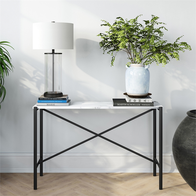 Pemberly Row Traditional Faux Marble Top Console Table in Black Matte