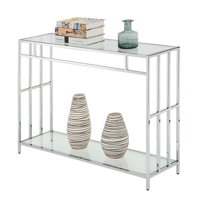 Pemberly Row Contemporary Console Table in Mirrored Glass and Chrome Frame