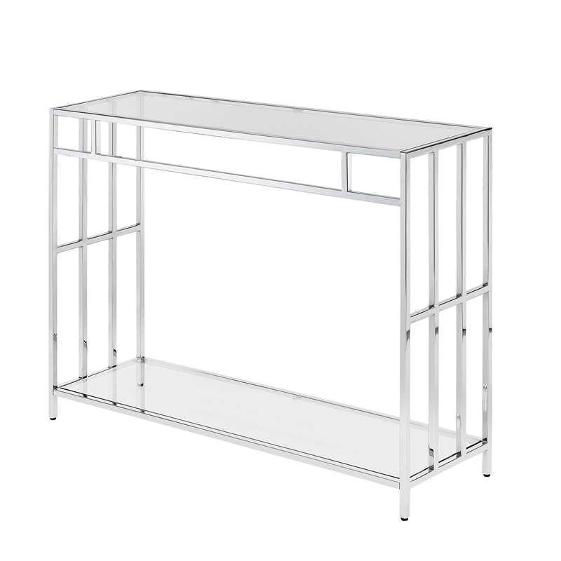 Pemberly Row Contemporary Console Table in Mirrored Glass and Chrome Frame
