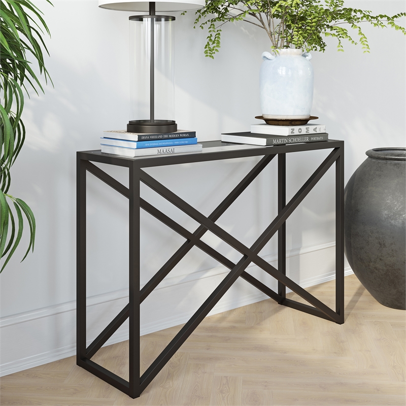 Pemberly Row Traditional 30' Geometric Metal Console Table in Black and Bronze