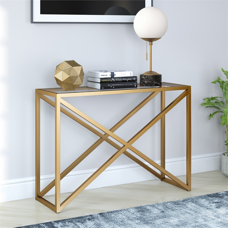 Pemberly Row Traditional 30' Geometric Metal Console Table in Brass