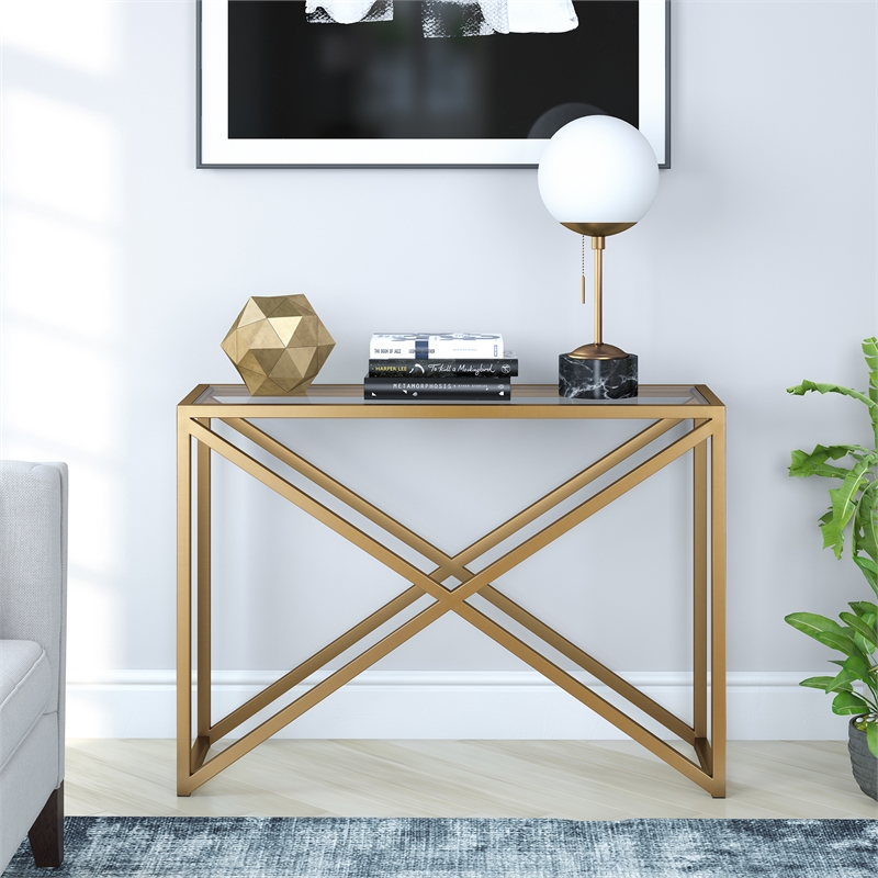 Pemberly Row Traditional 30' Geometric Metal Console Table in Brass